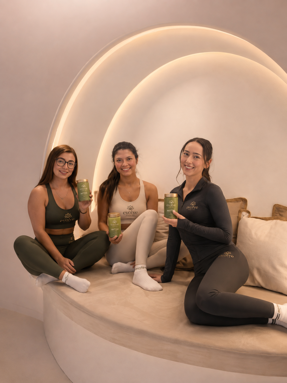 ev0lve team in branded apparel with wellness products